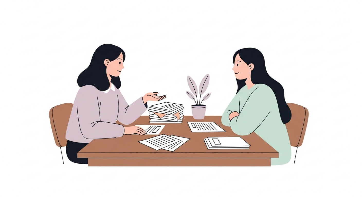 상담사가 신청자와 책상 건너 마주 앉아 Q&amp;A 상담을 진행하는 장면 1