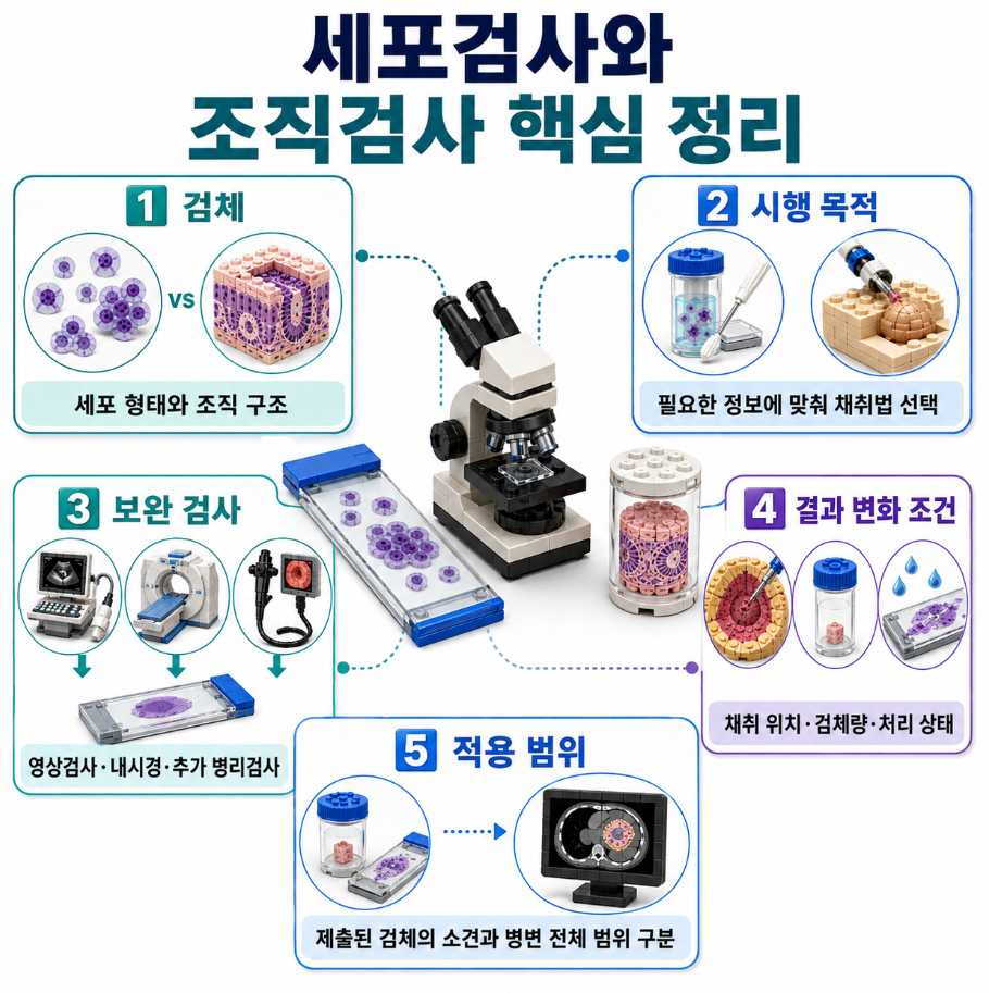 세포검사와 조직검사의 검체&middot;시행 목적&middot;보완 검사&middot;결과 변화 조건&middot;적용 범위 핵심 정리