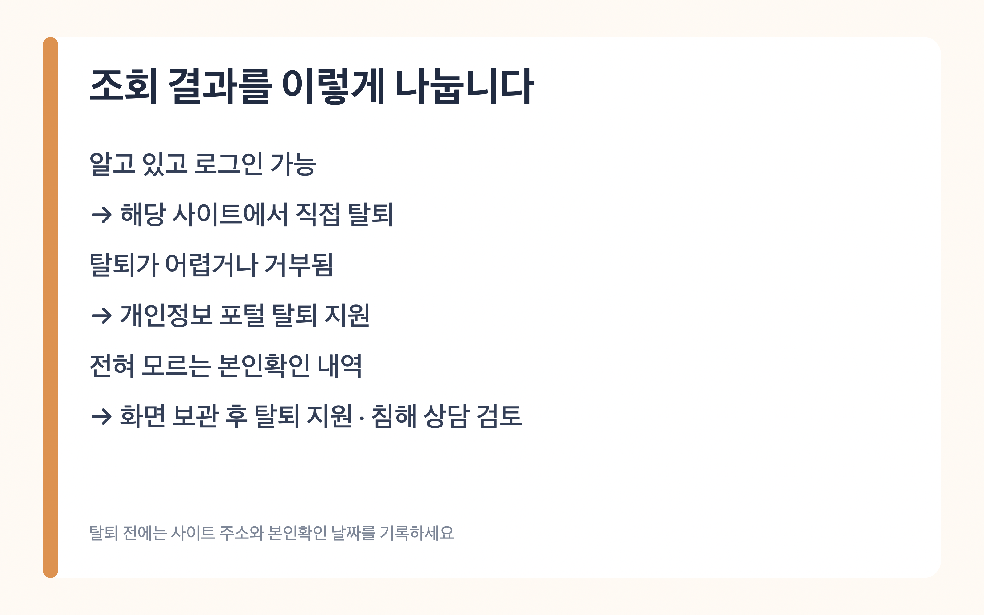 직접 탈퇴와 탈퇴 지원, 명의도용 의심 대응을 나누는 결정표