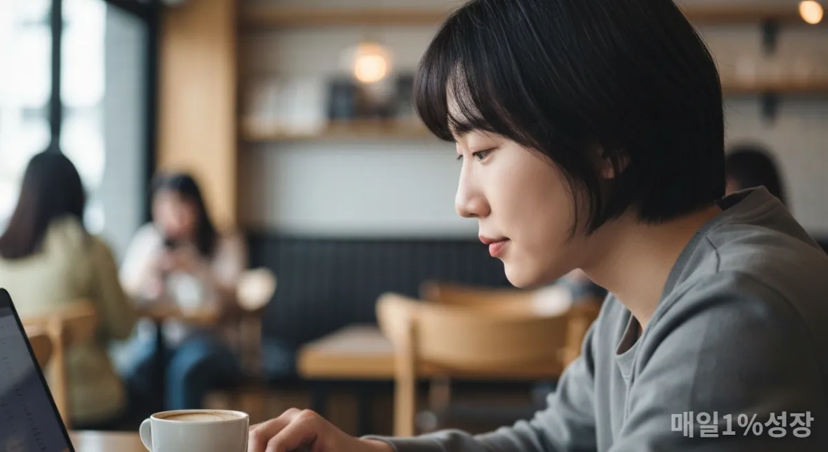 카페에서 노트북에 집중하는 한국인