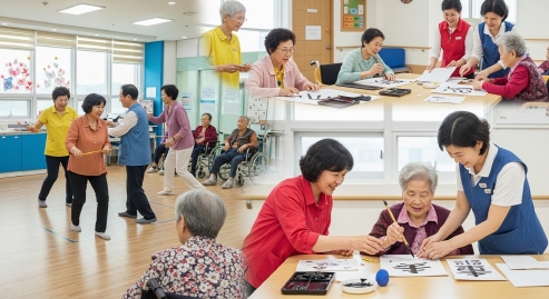 요양시설 내부에서 활동 중인 어르신들