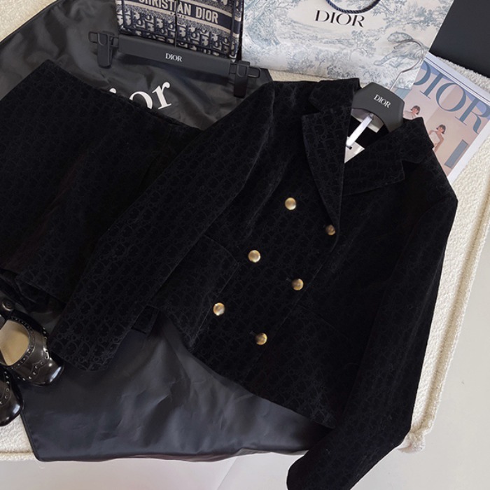 수입 자돌 더블버튼 벨벳 미니 투피스 셋업 세트