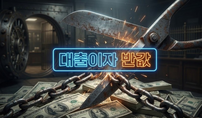 대출 이자 부담을 끊어내는 가위와 현금 쇠사슬, 대출이자 반값