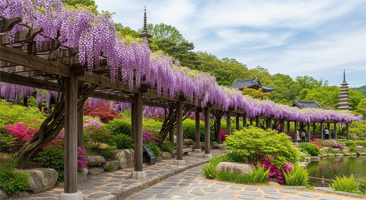 퍼골라 위로 등꽃이 길게 늘어진 한국 정원 풍경 