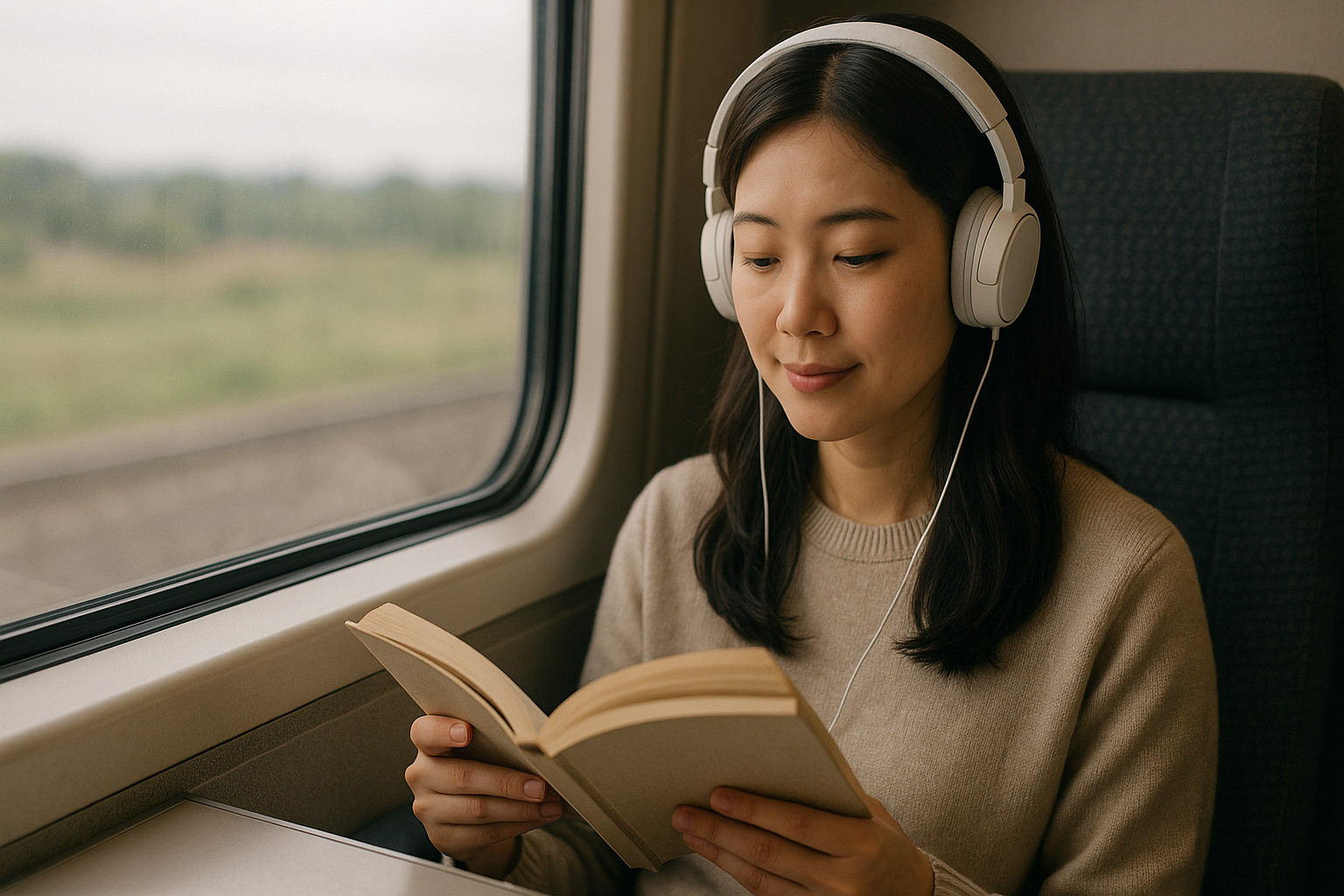 기차 안에서 음악을 들으며 책을 읽고 있는 여성 사진