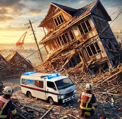 지진으로 건물이 무너진 상황