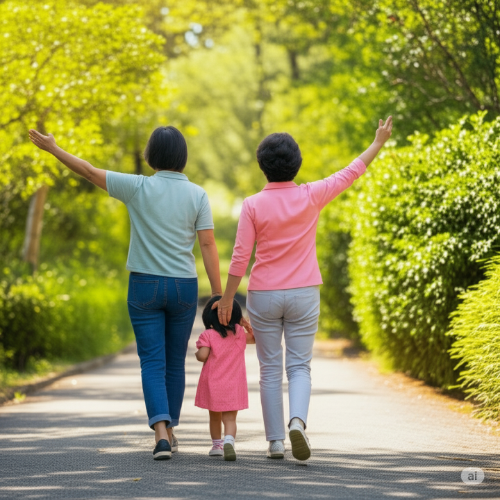 따뜻한 햇살 아래 손녀와 함께 웃으며 자연 속을 걷는 한국인 할머니의 행복한 뒷모습