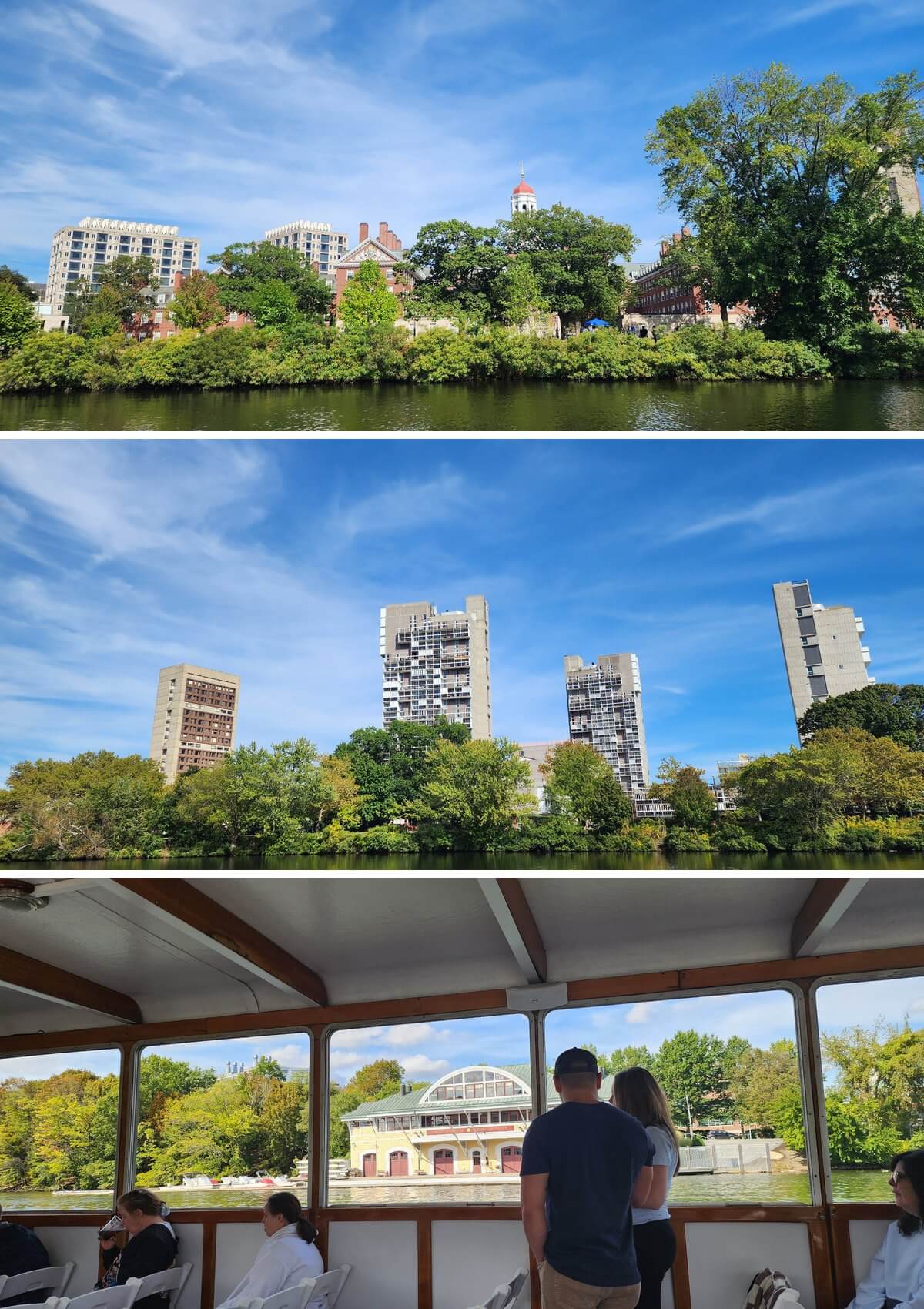 찰스강에서 본 하버드 던스터 하우스, 피바디 테라스, BU 조정 보트 창고
