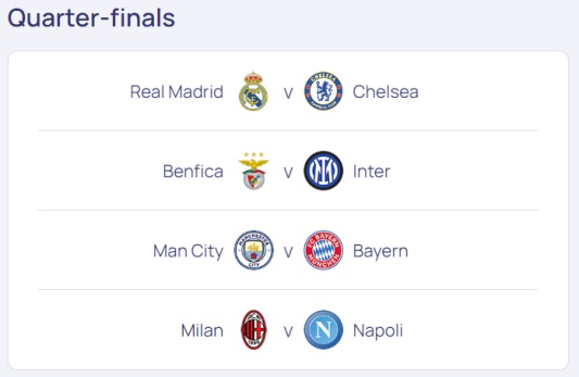 UEFA 챔스 8강 대진 결과 레알 마드리드 첼시, 벤피카 인터밀란, 맨체스터 시티 바이에른 뮌헨, AC밀란 나폴리