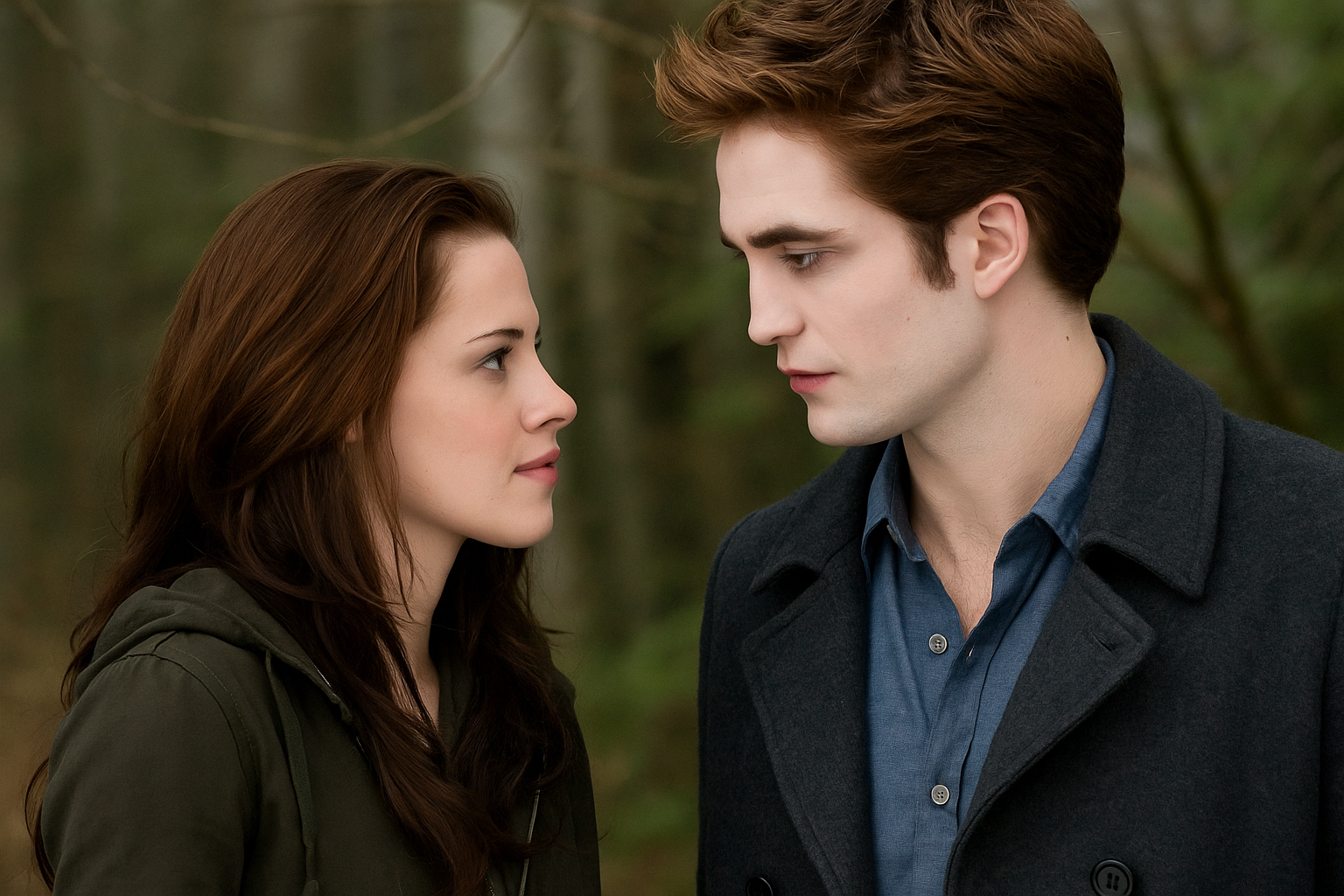 트와일라잇의 등장인물 벨라와 에드워드가 서로 마주 보고있는 사진