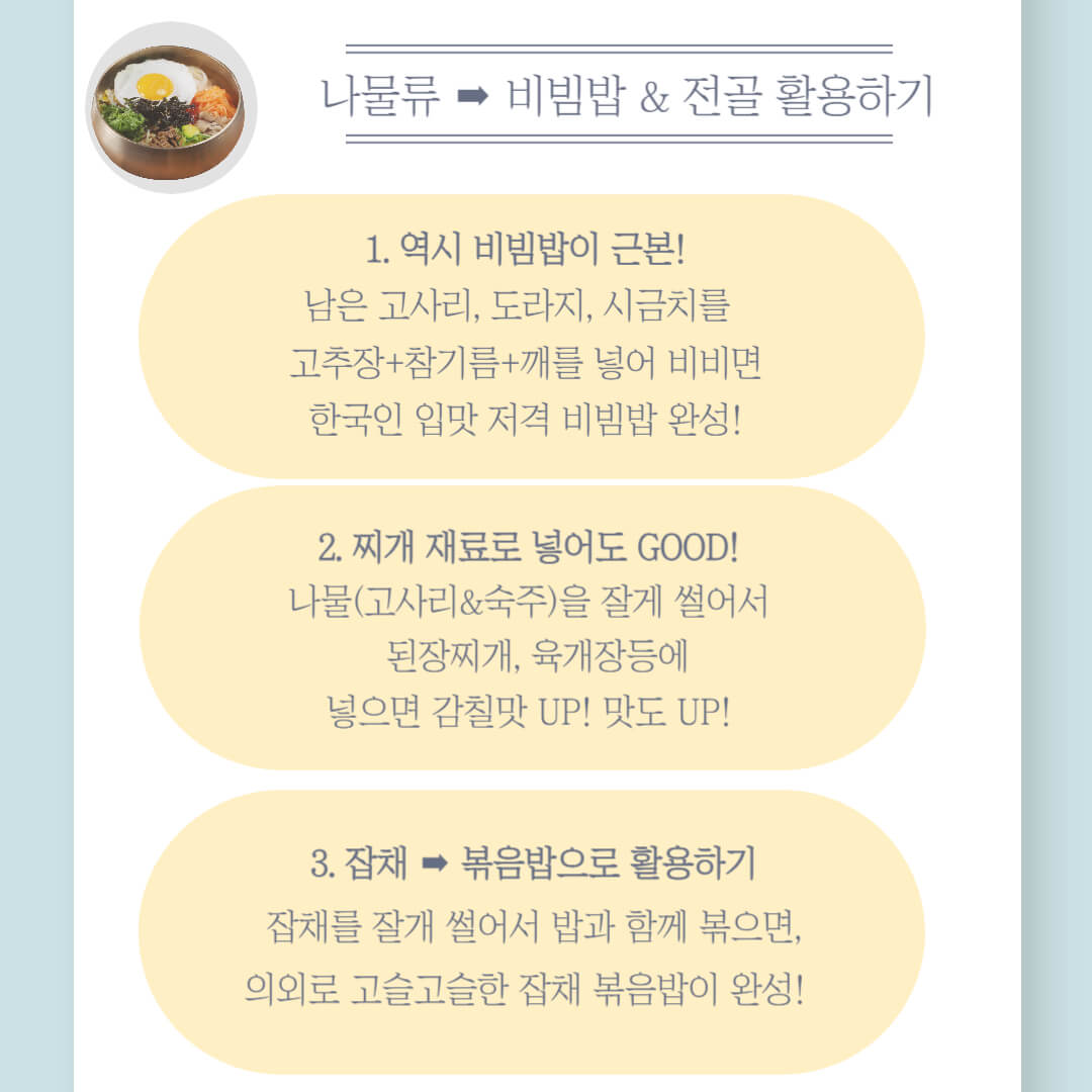 추석 나물류 활용법 카드 이미지. 남은 고사리, 도라지 등을 활용한 비빔밥, 찌개 재료, 잡채 볶음밥으로의 재활용 팁