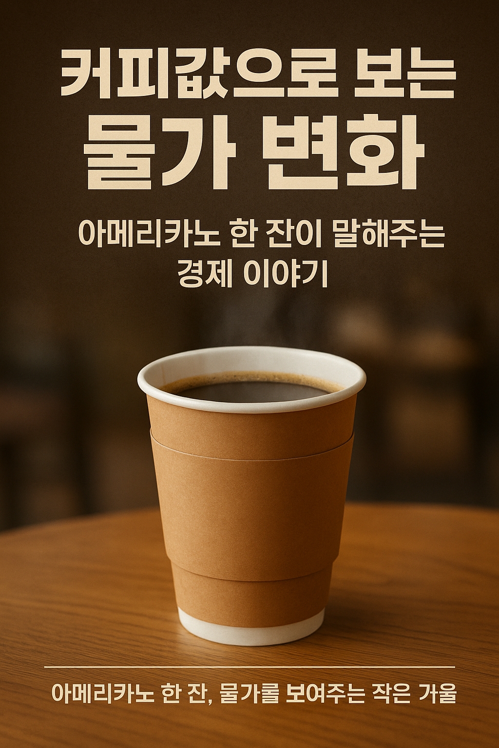 '커피값으로 보는 물가 변화'라는 제목의 세로형 홍보 이미지. '아메리카노 한 잔이 말해주는 경제 이야기'라는 부제가 있으며, 중심에는 갈색 종이컵에 담긴 아메리카노 한 잔이 놓여 있다. 하단에는 '아메리카노 한 잔, 물가를 보여주는 작은 거울'이라는 문구가 있다.