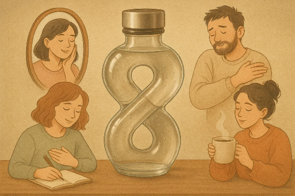 자기 연민을 실천하는 사람들: 저널 쓰기, 따뜻한 음료 마시기, 명상하며 자신을 돌보는 일상 루틴의 따뜻한 일러스트