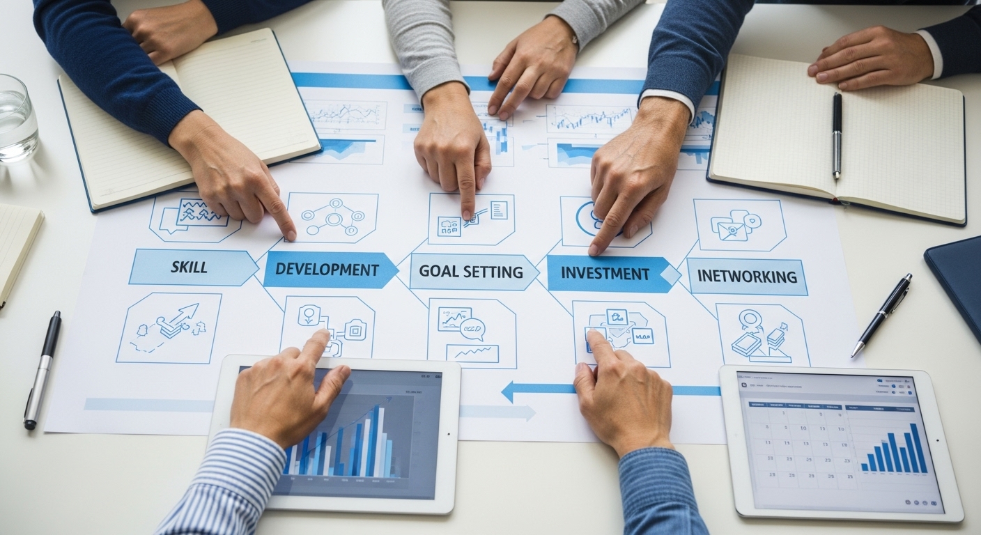 은퇴 후 월 100만원 수익 달성을 위한 구체적인 목표 설정과 실행 로드맵을 논의하는 중년들의 모습.