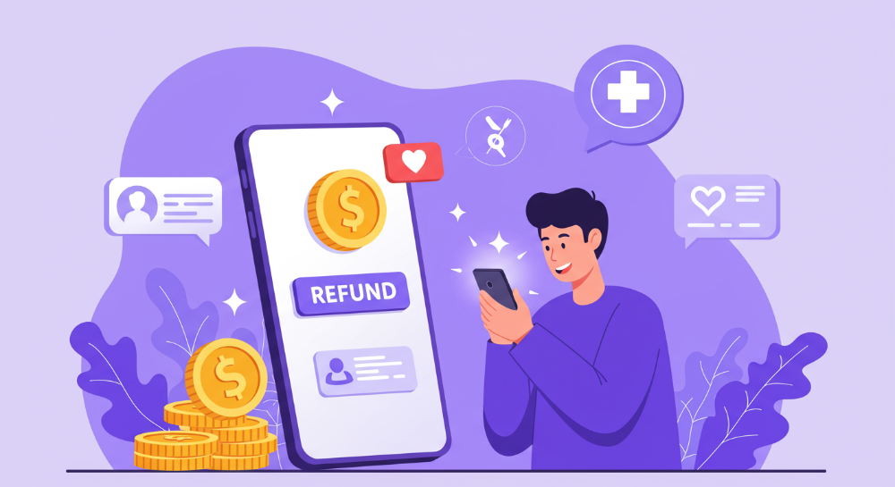 스마트폰으로 국민건강보험 환급금을 조회하며 기뻐하는 사람의 모습, 건강보험 심볼과 돈다발 아이콘이 배경에 빛나고 있음