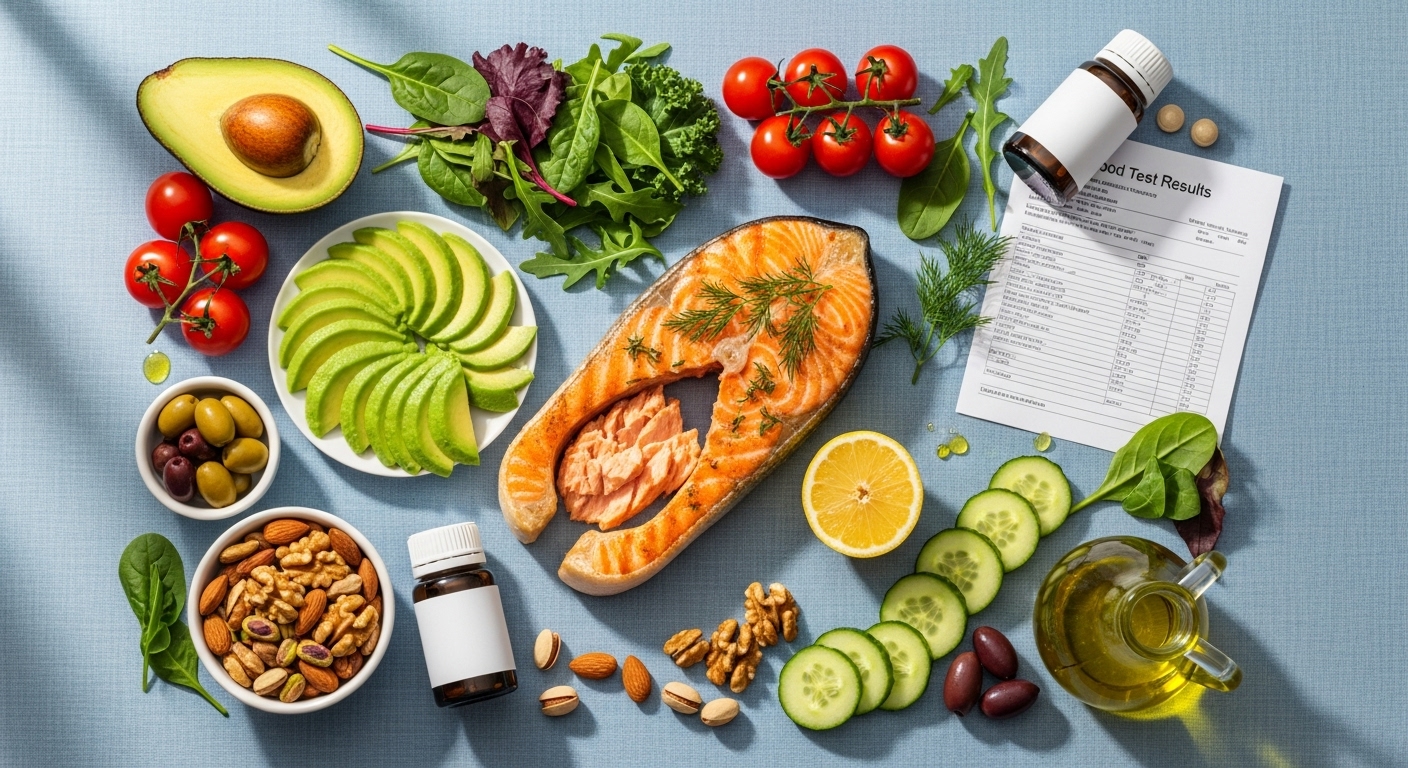 혈액검사 수치 개선에 도움을 주는 건강한 식단과 영양제 구성 이미지