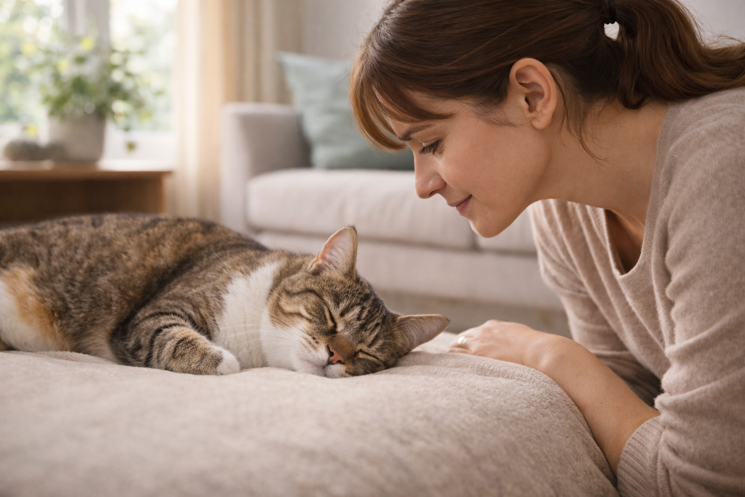 잠자는 고양이를 바라보는 여성 이미지
