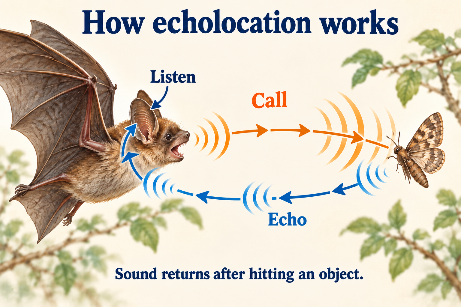 An orange call travels from the bat to a moth and a blue echo returns to its ear