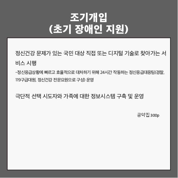조기개입(초기 장애인 지원)
● 정신건강 문제가 있는 국민 대상 직접 또는 디지털 기술로 찾아가는 서비스 시행 (공약집 300p)
- 정신응급상황에 빠르고 효율적으로 대처하기 위해 24시간 작동하는 정신응급대응팀(경찰, 119구급대원, 정신건강 전문요원으로 구성) 운영
● 극단적 선택 시도자와 가족에 대한 정보시스템 구축 및 운영 (공약집 300p)