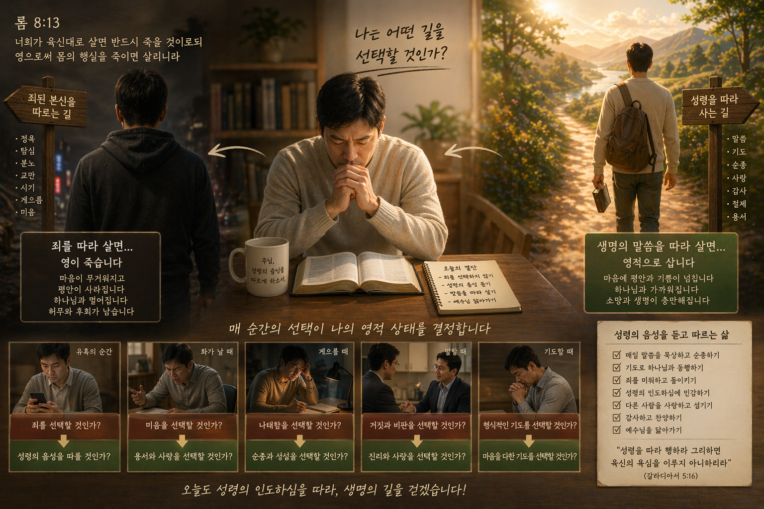 롬 8:13 말씀에서 지속적으로 죄된 본성을 따라 살아가면 영이 죽을 것이며&amp;#44; 생명의 말씀을 따라 살아간다면 영적으로 살아가는 삶이 되는 것을 보며&amp;#44; 평소의 삶도 중요하며&amp;#44; 죄를 선택하지 않고 성령의 음성을 따르는 선택을 할 것을 시도하는 모습입니다.