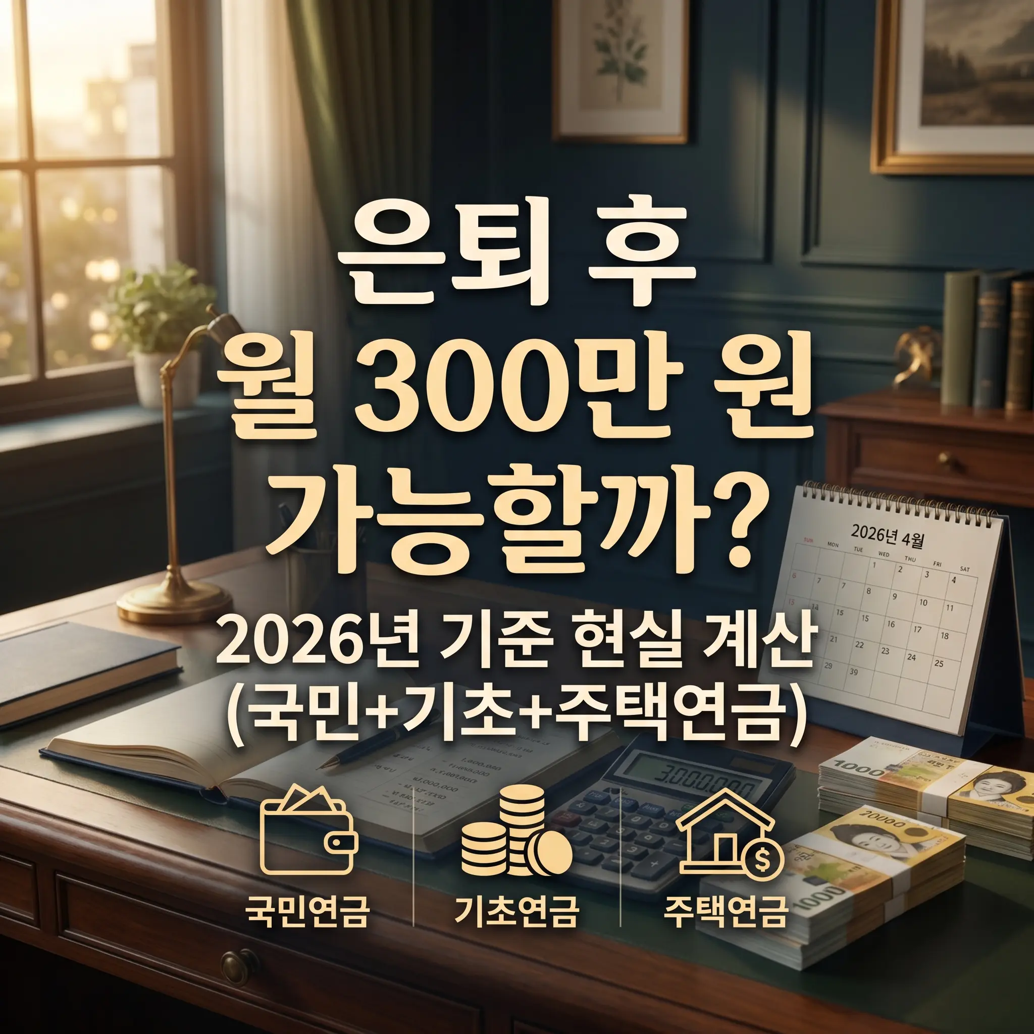 2026년 기준 은퇴 후 월 300만 원 생활비 마련을 위한 국민연금, 기초연금, 주택연금 현실 조합 시뮬레이션 썸네일. 서재 책상 위에 펼쳐진 장부와 계산기, 2026년 4월 달력, 연금 3종 아이콘이 배치된 고품질 이미지로 노후 생활비 준비 전략을 시각적으로 설명함.