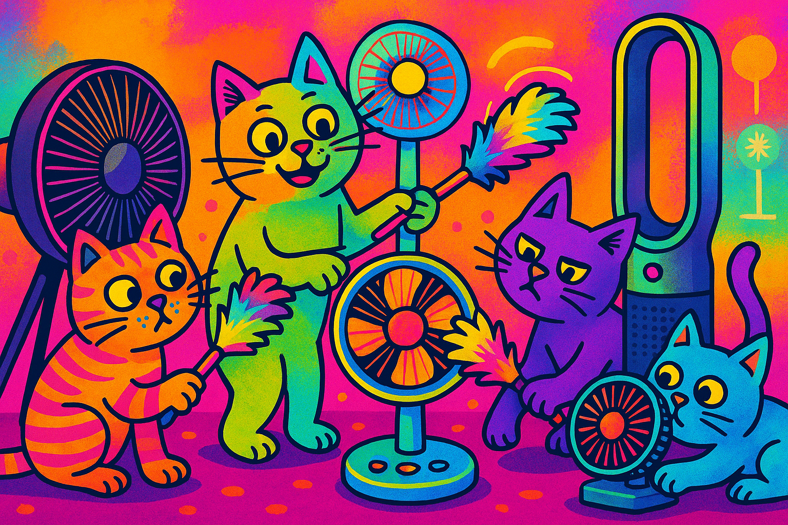 여러 마리의 알록달록한 고양이들이 다양한 형태의 선풍기를 털 먼지 제거용 브러시로 청소하고 있는 귀엽고 유쾌한 일러스트. 선풍기 종류는 일반형, 미니형, 타워형 등 다양하며, 배경은 형광빛의 핑크&middot;오렌지&middot;보라 톤으로 구성된 팝아트 스타일이다.
