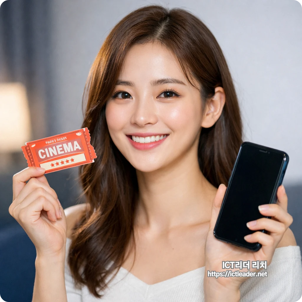 설 연휴 극장 영화와 넷플릭스 정주행 콘텐츠를 선택하는 20대 여성 이미지, 영화 티켓과 스마트폰을 들고 미소 짓는 장면