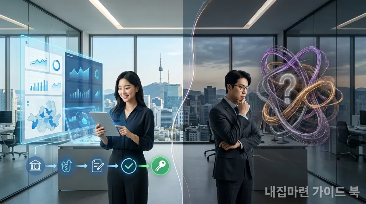 AI 부동산 서비스의 장점과 한계를 나타내는 추상적인 이미지