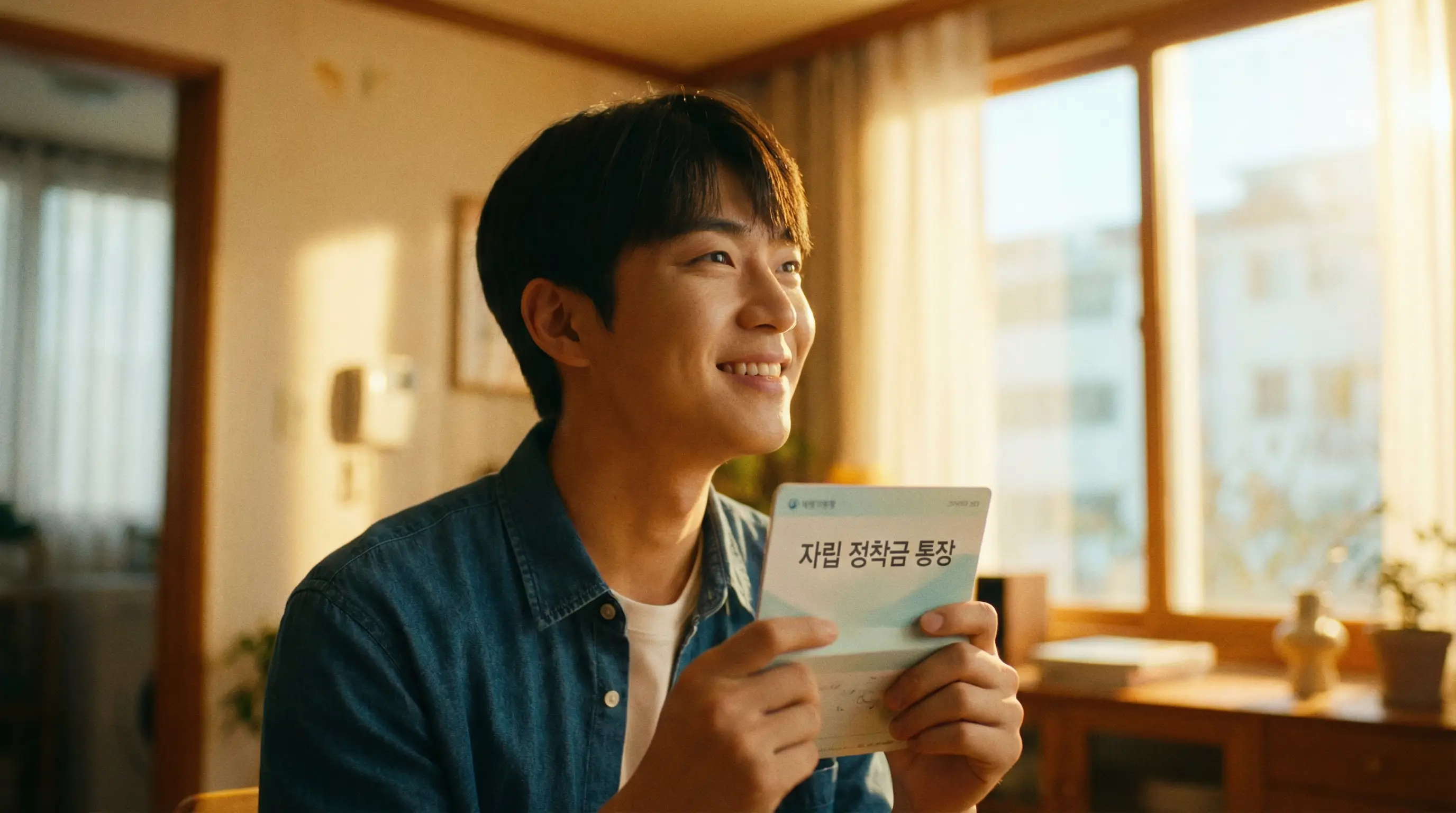 밝은 표정의 청년이 자립 정착금 통장을 들고 희망찬 미래를 꿈꾸는 모습, 따뜻한 조명