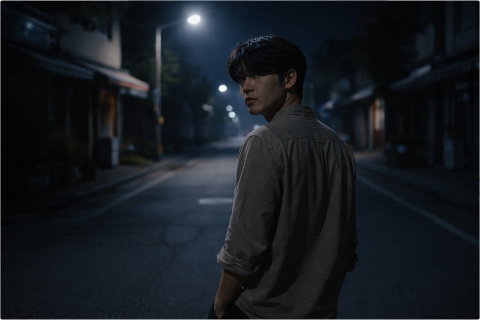 밤거리에서 뒤를 돌아보며 잠시 멈춰 선 사람의 모습