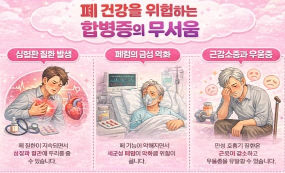 폐 건강을 위협하는 합병증의 무서움, 그건 심혈관 질환/급성폐렴으로의 악화/ 근감소증과 우울증이라는 설명에 대한 이미지