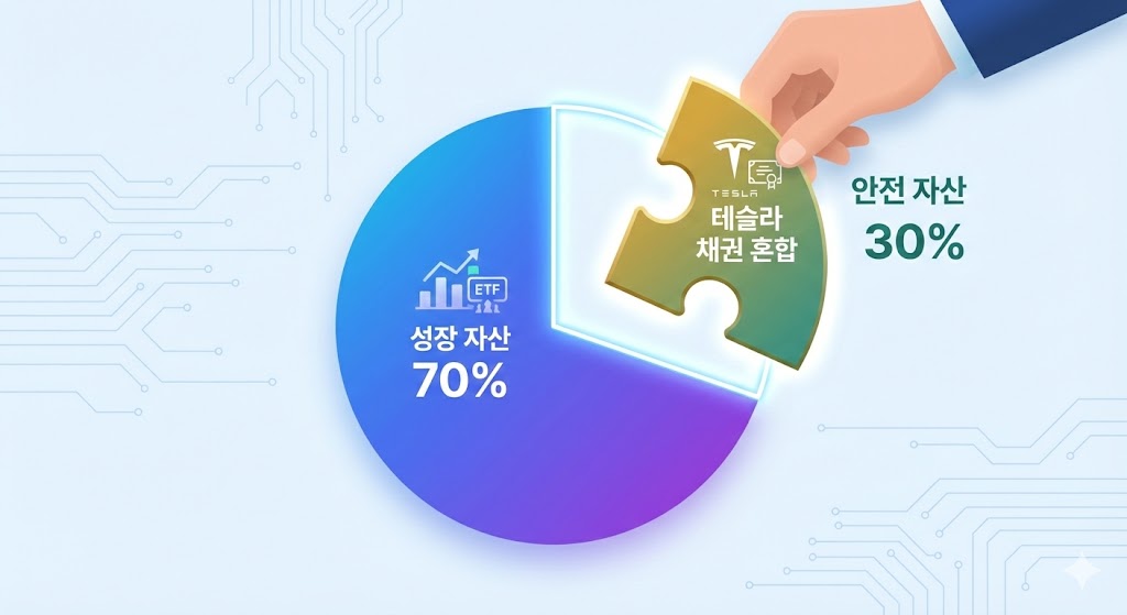 '안전자산 30%'라고 적힌 빈 공간에 'PLUS 테슬라 ETF' 블록을 딱 맞게 끼워 넣는 모습