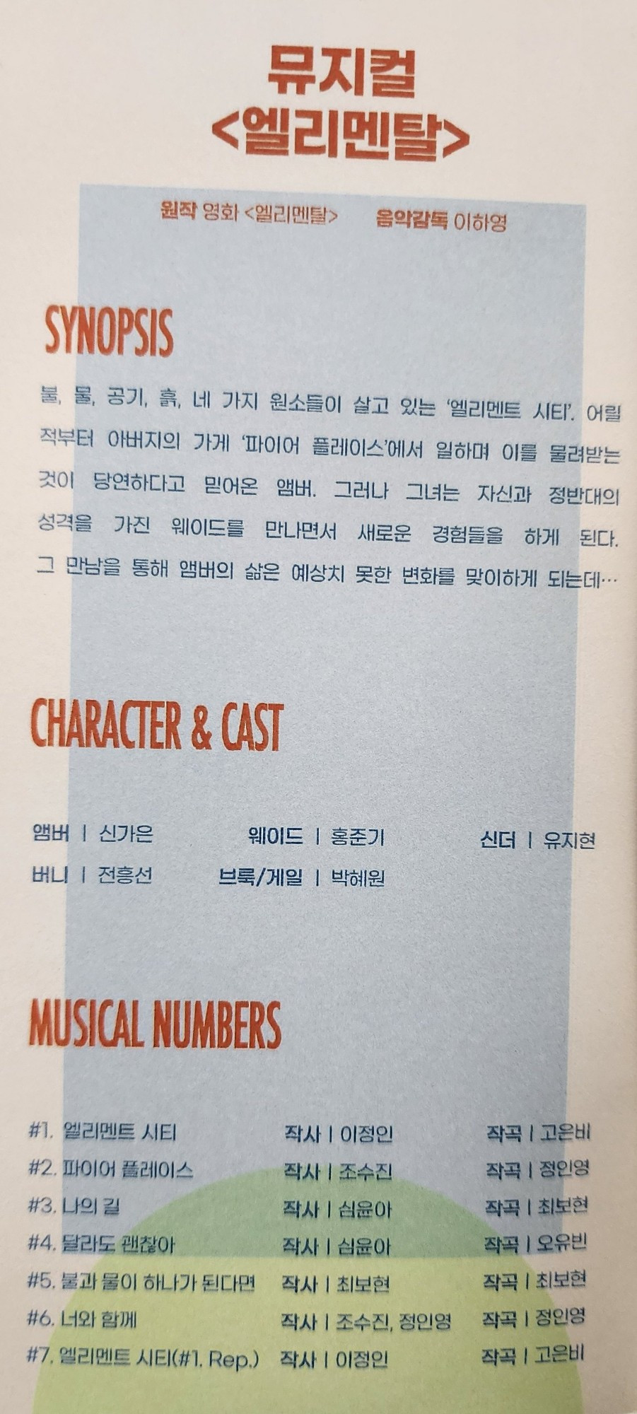 뮤지컬 <엘리멘탈>
작/작사 - 김예헌 심윤아 이정인 조수진 최보현 작곡 - 고은비 오유빈 정인영 최보현
원작 영화 <엘리멘탈>
음악감독 이하영
SYNOPSIS
불, 물 공기, 흙, 네 가지 원소들이 살고 있는 엘리멘트 시티. 어릴 적부터 아버지의 가게 '파이어 플레이스:에서 일하며 이를 물려받는 것이 당연하다고 믿어온 앰버. 그러나 그녀는 자신과 정반대의 성격을 가진 웨이드를 만나면서 새로운 경험들을 하게 된다
그 만남을 통해 앰버의 삶은 예상치 못한 변화를 맞이하게 되는데..
CHARACTER & CAST
앰버 - 신가은
웨이드 - 홍준기
신더 - 유지현
버니 - 전흥선
브룩/게일 - 박혜원
MUSICAL NUMBERS
#1, 엘리멘트 시티
작사ㅣ이정인
작곡 /고은비
#2. 파이어 플레이스
작사❘조수진
작곡❘정인영
#3. 나의길
작사❘심윤아
작곡ㅣ최보현
#4. 달라도 괜찮아
작사ㅣ심윤아
작곡ㅣ오유빈
#5. 불과물이 하나가 된다면
작사❘ 최보현
작곡ㅣ최보현
#6. 너와 함께
작사❘조수진, 정인영
작곡❘정인영
#7.엘리멘트 시티(#1. Rep.)
작사 이정인
작곡 고은비