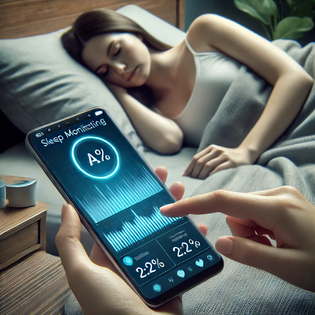 스마트폰으로 AI 기반 수면 모니터링 앱을 확인하는 모습
