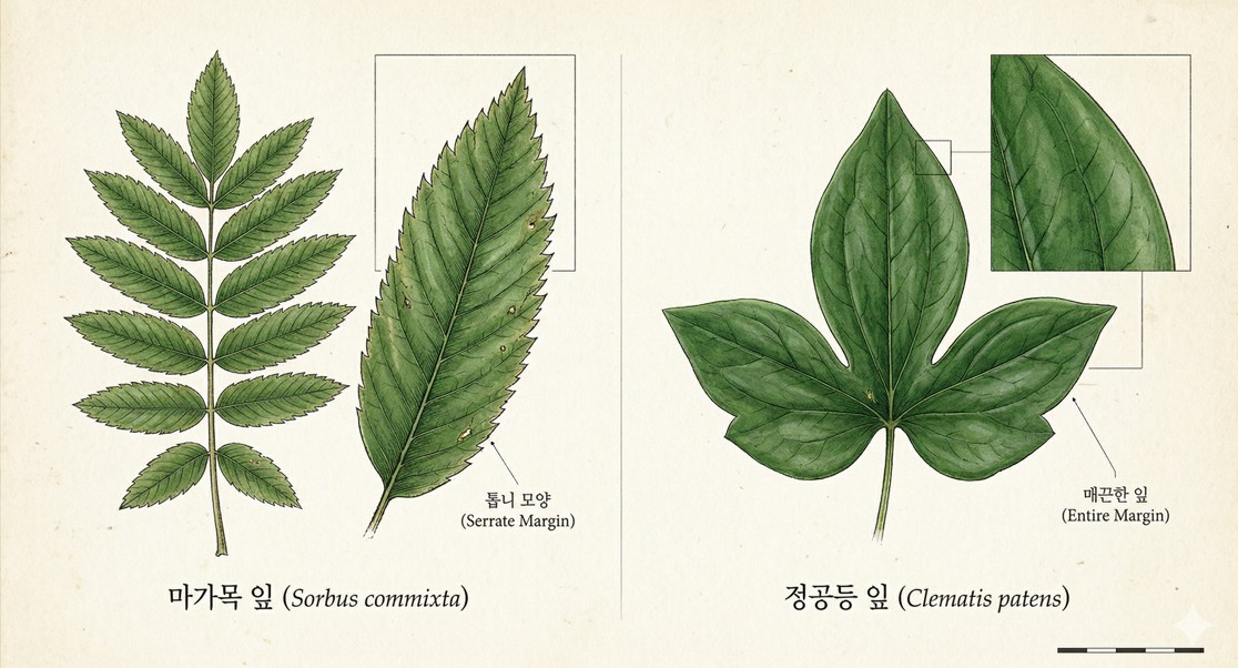 마가목 잎의 톱니 모양과 정공등의 매끈한 잎을 나란히 비교하는 식물 세밀화