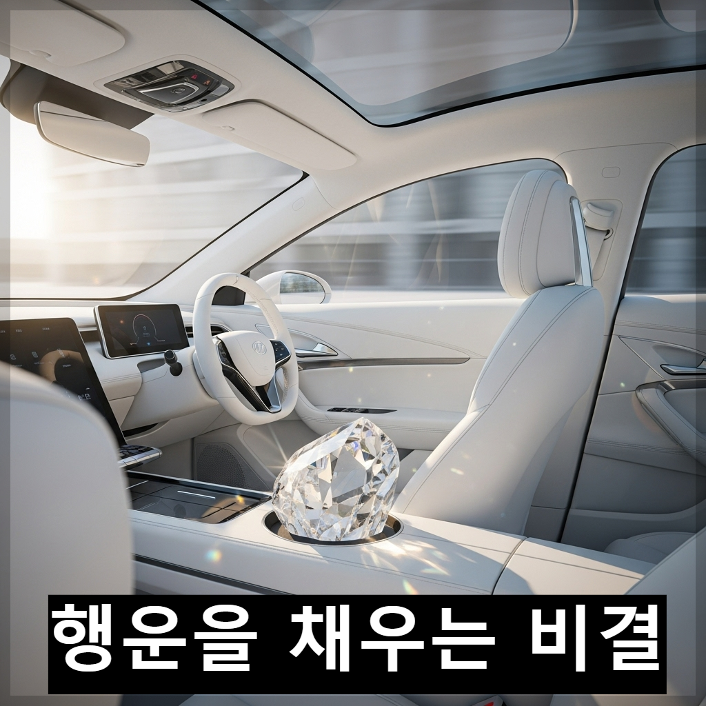 핸들이 수납된 미래형 자동차 실내의 센터 콘솔 위에 맑은 백수정 장식품이 놓여 따스한 햇살을 받는 평온한 모습