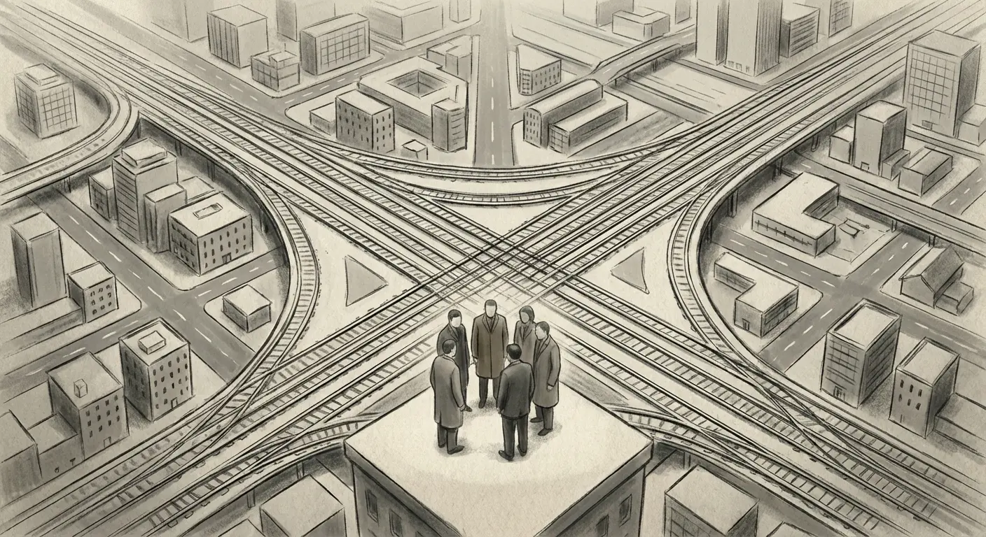 An illustration showing the trolley problem applied to public policy decision-making, symbolizing large-scale moral trade-offs
