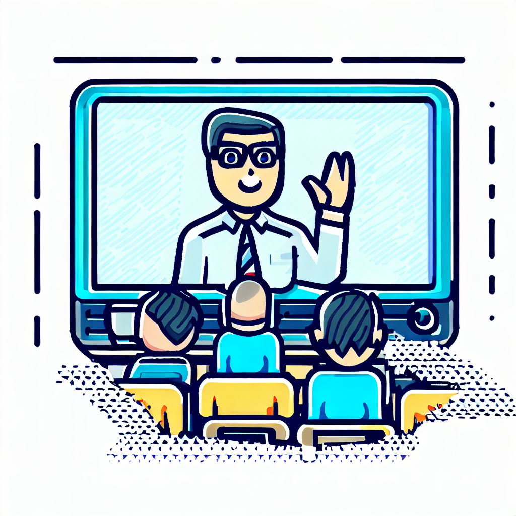 Vector style image of an online education instructor teaching students through a computer screen