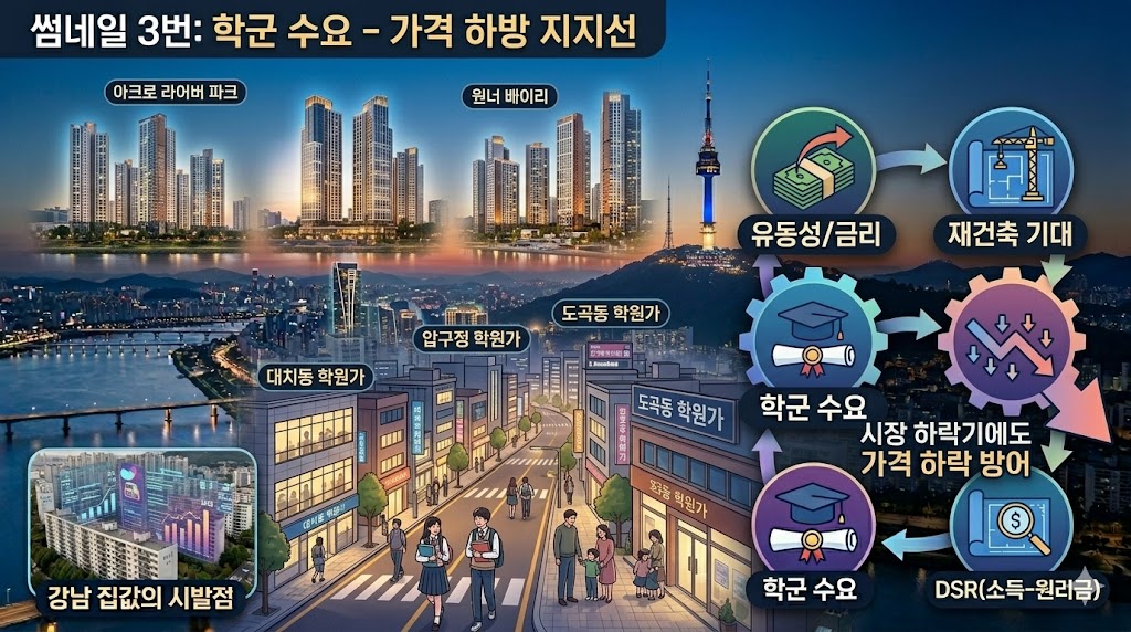 불이 켜진 대치동 학원가 밤풍경과 이를 지지하는 탄탄한 수요 그래프 이미지