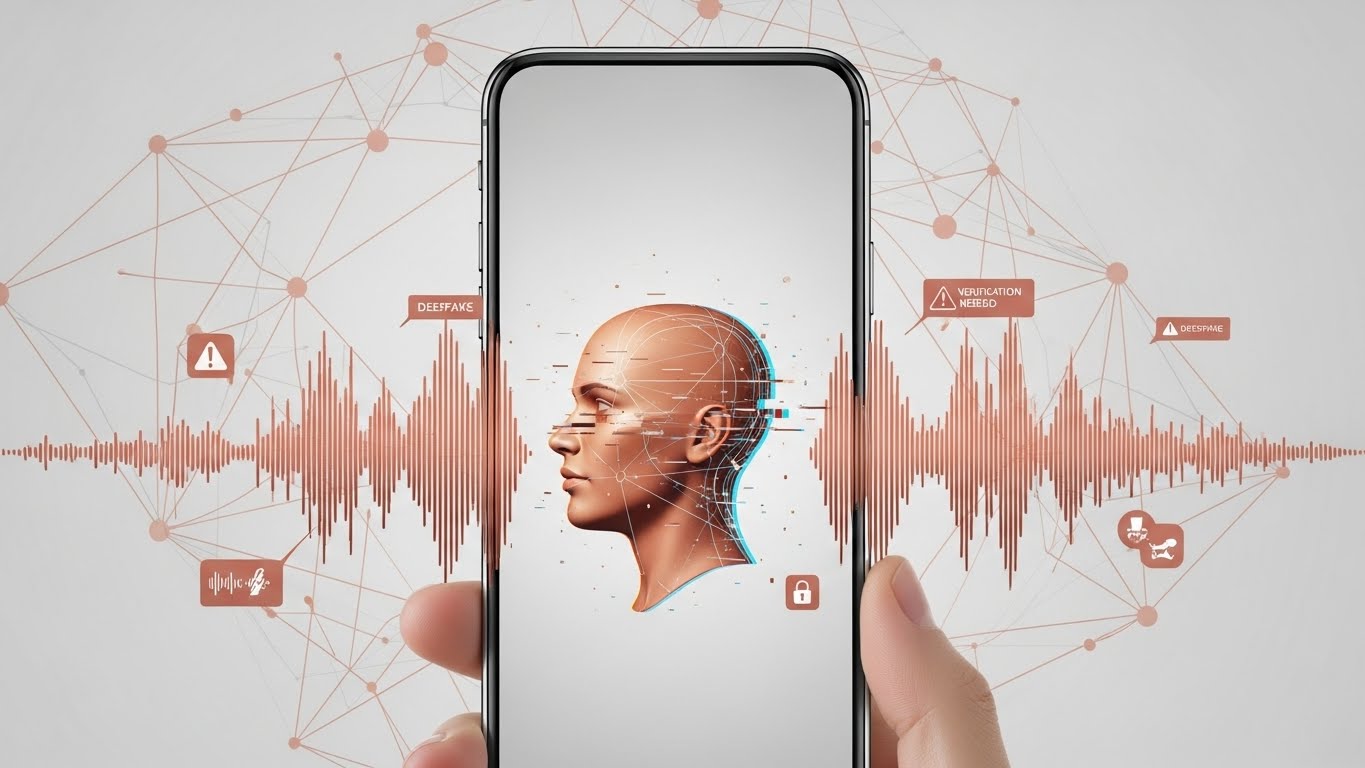 AI 음성 합성을 통한 보이스피싱의 위험성을 나타내는 이미지. 전화 화면 속 인물의 목소리가 조작되는 모습과 경고 문구.