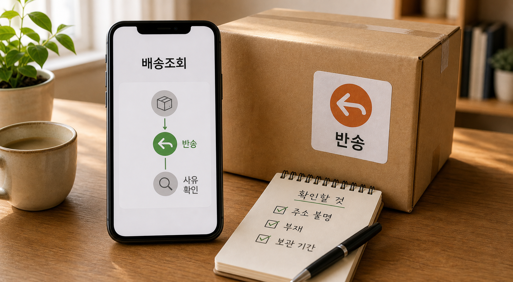 휴대폰 배송조회 화면의 반송 표시와 반송 택배 상자를 함께 보여주는 대표 이미지