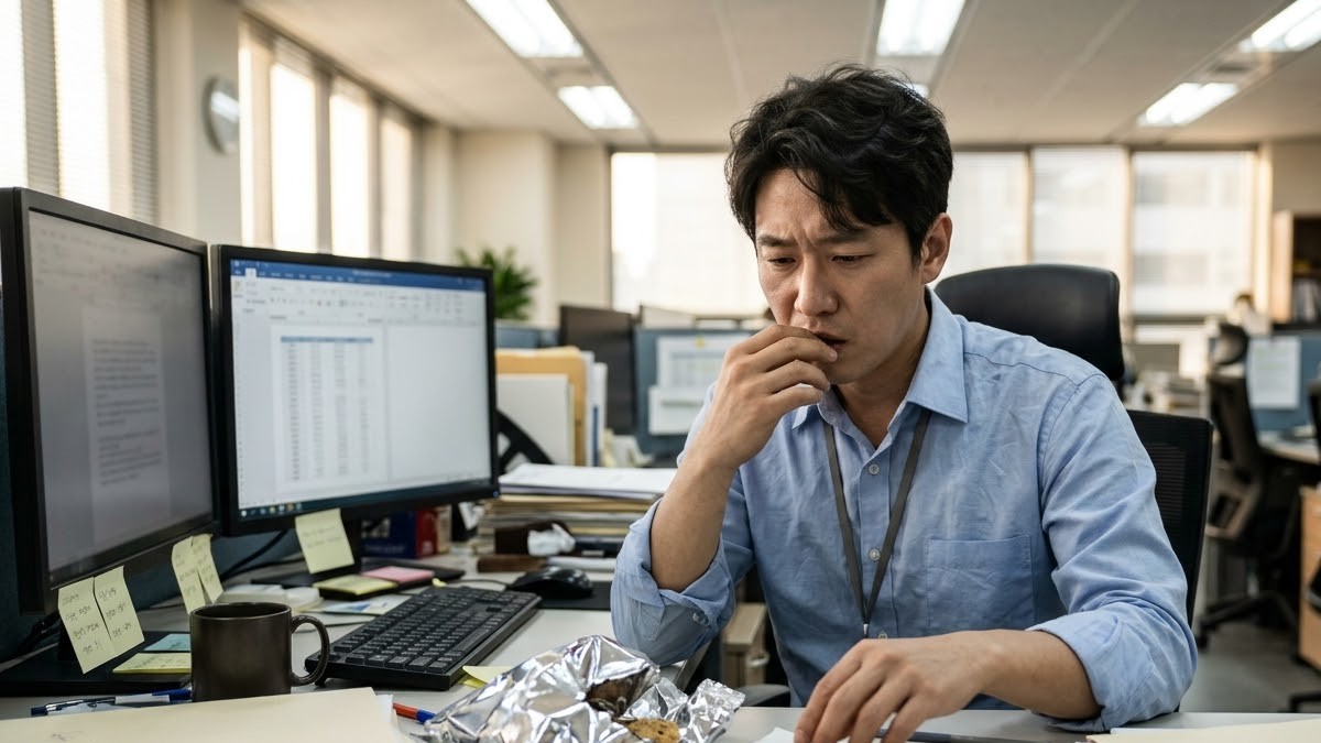 오후 사무실 책상에서 과자를 집어 먹는 직장인