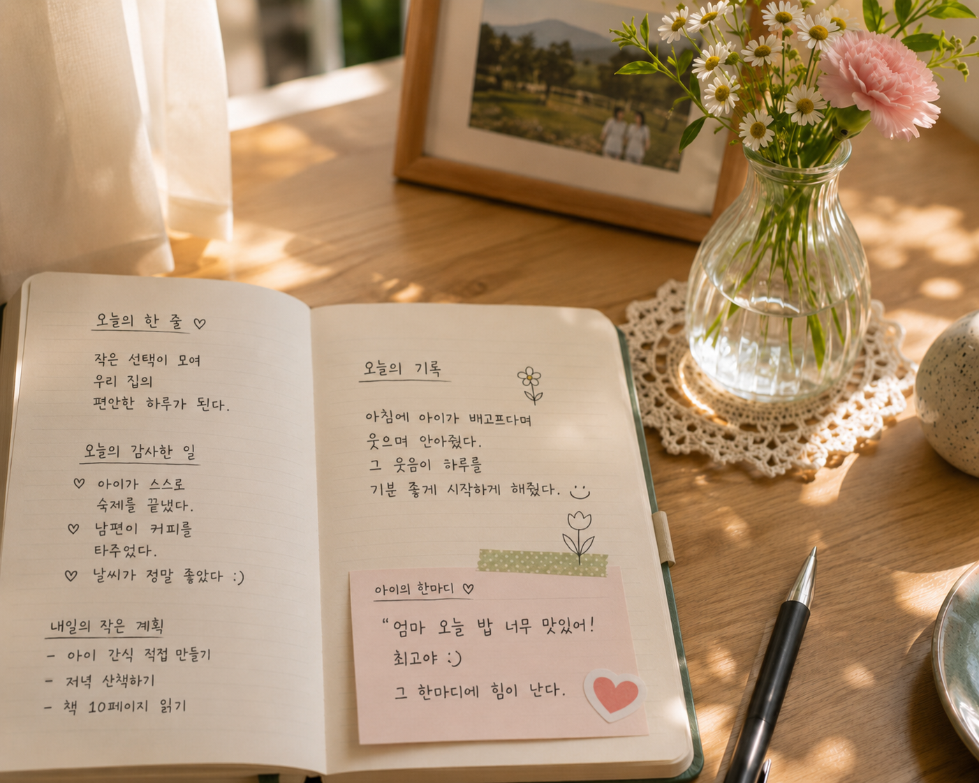 숫자 대신 가족과의 소중한 대화, 아이의 칭찬 한마디, 그날의 감사가 아기자기하게 적힌 살림 기록 노트. 옆에는 작은 꽃병과 가족사진이 놓여 있어 일상의 따뜻한 기록과 행복이 느껴지는 감성적인 책상 풍경.
