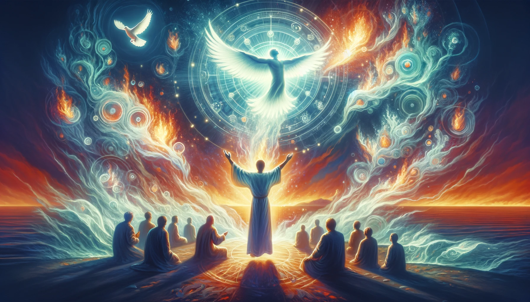 성령의 권능을 받고 예수님을 증거함 - Here is the image depicting the scene of empowerment by the Holy Spirit and witnessing for Jesus Christ. It captures the essence of divine inspiration, spiritual power, and the dedication to the mission of proclaiming Jesus Christ.