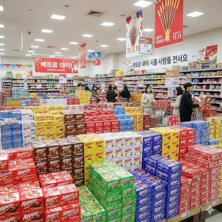 빼빼로가 진열된 마트의 풍경