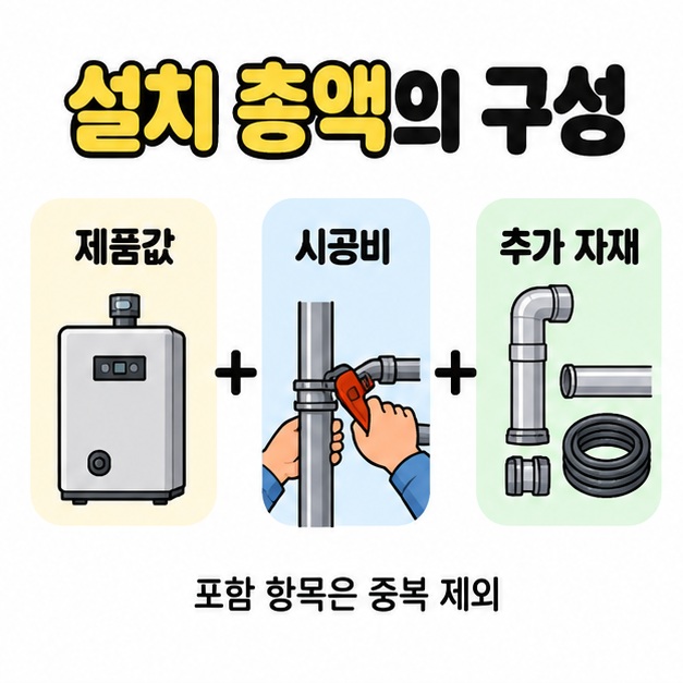 제품값과 시공비 및 추가 자재를 더하기로 연결하고 포함 항목은 중복 제외한다고 설명한 설치 총액 구성 그림