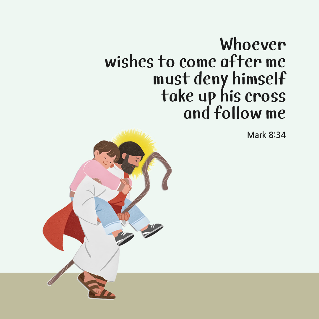 Whoever wishes to come after me must deny himself, take up his cross, and follow me. (Mark 8:34) by pieonane Daily Bible quote image