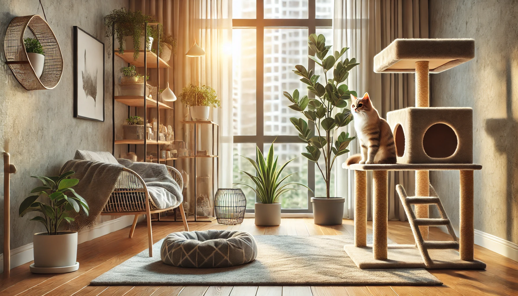캣타워에 앉아있는 고양이 사진