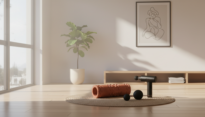 거실 바닥에 정갈하게 놓인 폼롤러, 마사지건, 마사지볼 등 다양한 근육 이완 기구들의 모습