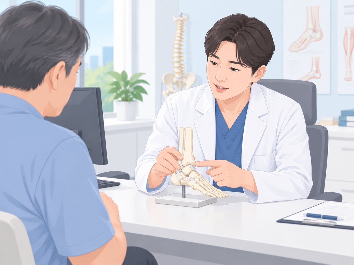 진료실에서 의사가 발과 발목뼈 모형을 가리키며 환자에게 구조를 설명하는 장면
